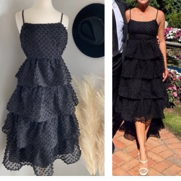 ❤️ Lulus Flirting with You Black Tiered Pom Pom Midi Dress - Picture 5 of 17